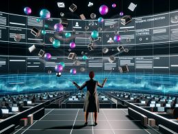 Person dirigiert schwebende Content-Elemente in einem futuristischen Großraumbüro mit digitalen Netzwerken und integrierten Systemen.