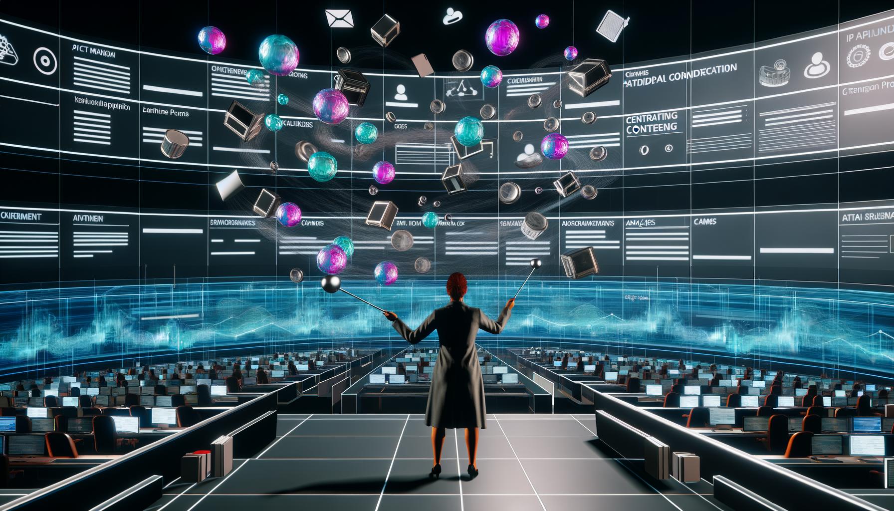 Person dirigiert schwebende Content-Elemente in einem futuristischen Großraumbüro mit digitalen Netzwerken und integrierten Systemen.