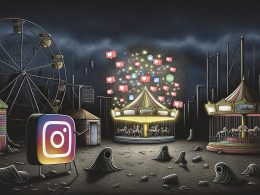 Collage aus Illustrationen: Ein düsterer Rummelplatz mit isoliertem Instagram-Logo, Bots bei der Like-Verteilung, ein Vergleich von alten und modernen Instagram-Bots, Diagramm mit Bot-Algorithmus-Rennen, Mythos-vs.-Wahrheit-Panels zu Bots sowie technischer Querschnitt und Weggabelung zwischen Bot- und Community-Strategie.