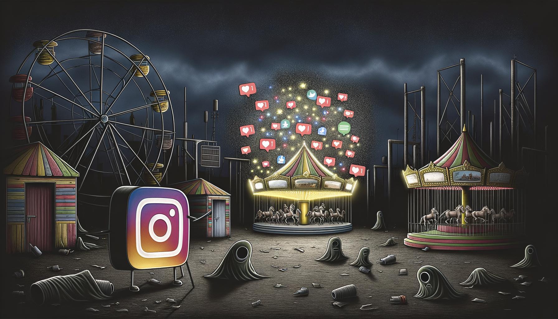 Collage aus Illustrationen: Ein düsterer Rummelplatz mit isoliertem Instagram-Logo, Bots bei der Like-Verteilung, ein Vergleich von alten und modernen Instagram-Bots, Diagramm mit Bot-Algorithmus-Rennen, Mythos-vs.-Wahrheit-Panels zu Bots sowie technischer Querschnitt und Weggabelung zwischen Bot- und Community-Strategie.