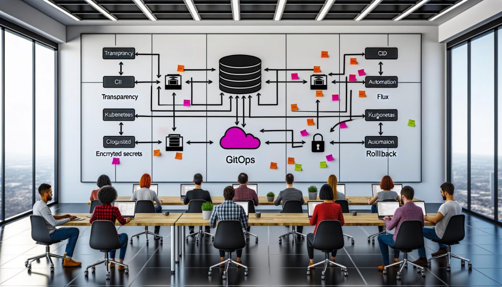 Ein kollaboratives Entwicklerteam in einem modernen Büro, konzentriert an Laptops arbeitend. Im Hintergrund ist ein großes digitales Whiteboard mit einem klar strukturierten GitOps Workflow zu sehen, inklusive Icons für Git, CI/CD, Kubernetes, Flux, ArgoCD, verschlüsselte Secrets und Monitoring.