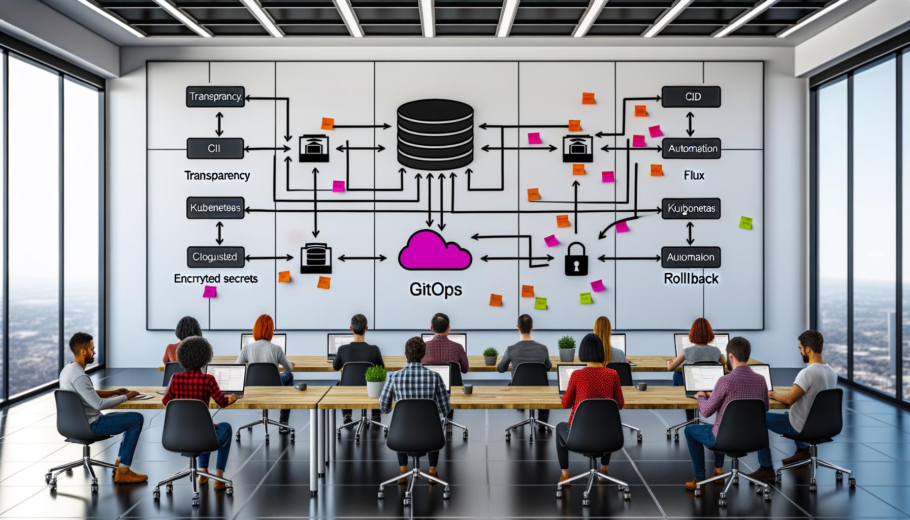 Ein kollaboratives Entwicklerteam in einem modernen Büro, konzentriert an Laptops arbeitend. Im Hintergrund ist ein großes digitales Whiteboard mit einem klar strukturierten GitOps Workflow zu sehen, inklusive Icons für Git, CI/CD, Kubernetes, Flux, ArgoCD, verschlüsselte Secrets und Monitoring.