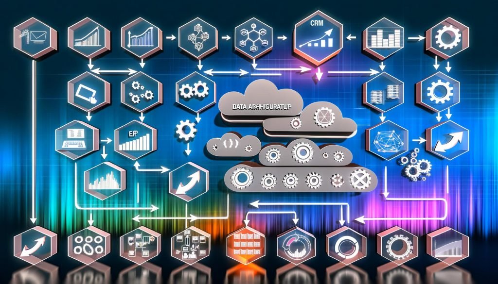 Modernes Schaubild einer KPI Reporting Architektur mit Datenquellen, ETL-Pipelines, Data Warehouse und transparenten Dashboards, flankiert von Governance- und Sicherheitssymbolen.