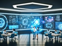 Futuristisches Büro mit schwebenden Hologramm-Bildschirmen, Quantencomputer-Designs, KI-Datencharts und kollaborierenden Marketingexperten.