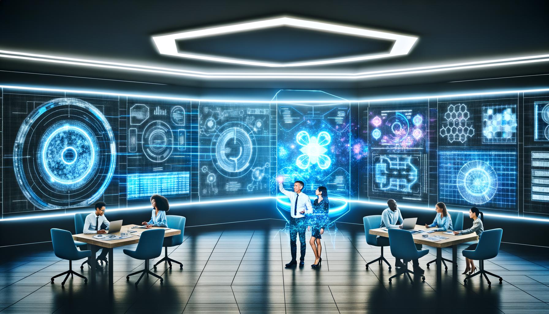 Futuristisches Büro mit schwebenden Hologramm-Bildschirmen, Quantencomputer-Designs, KI-Datencharts und kollaborierenden Marketingexperten.