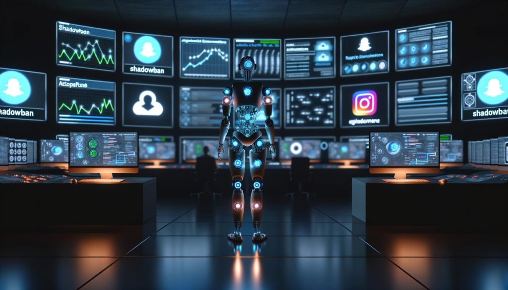 Futuristisches Command Center mit humanoidem Roboter, der an holografischen Social-Media-Interfaces arbeitet und auf Monitoren Instagram-Analysen sowie Code-Streams anzeigt