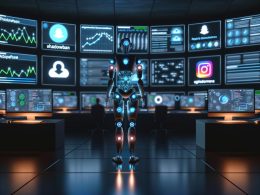 Futuristisches Command Center mit humanoidem Roboter, der an holografischen Social-Media-Interfaces arbeitet und auf Monitoren Instagram-Analysen sowie Code-Streams anzeigt