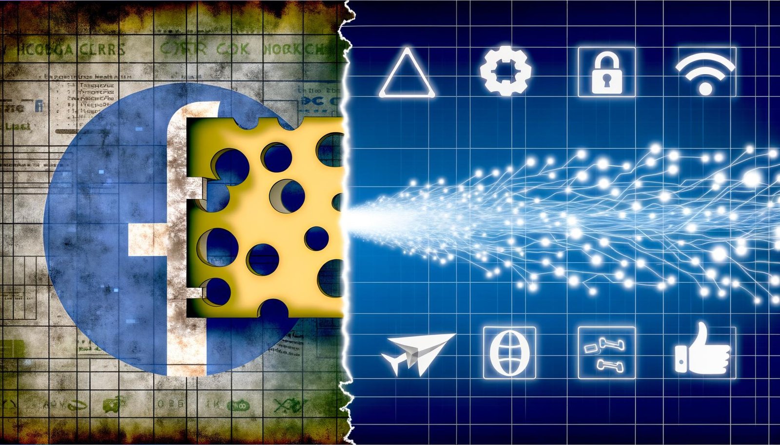 Digitale Illustration: Links ein veralteter Facebook Pixel mit Lücken, rechts eine moderne Facebook CAPI Serverumgebung mit leuchtenden Datenströmen. Dazwischen wandernde Datenfragmente, im Hintergrund Symbole für Datenschutz, Cookie-Banner und Browserlogos.