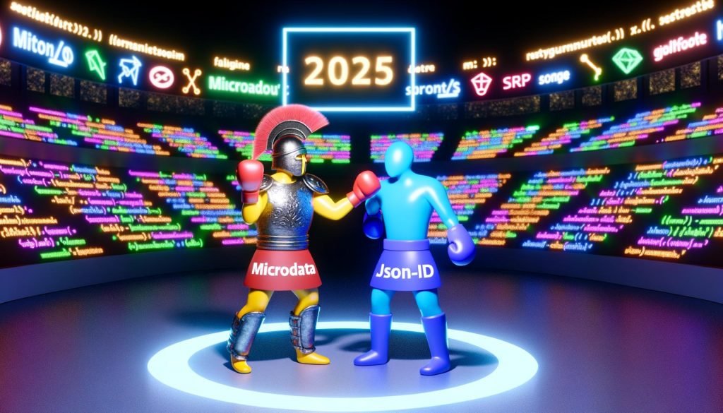 Illustration eines digitalen Kampfes zwischen einem Microdata-Kämpfer in HTML-Rüstung und einem JSON-LD-Helden mit JavaScript-Symbolen, in einer Arena voller Codeelemente und Google-Logos mit dem Jahr 2025 im Hintergrund.
