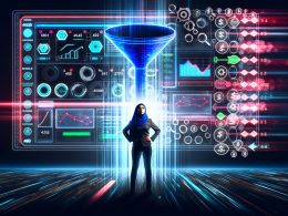 Marketer vor transparentem digitalen Bildschirm, umgeben von leuchtenden Dashboards und Datenvisualisierungen, alte Reports verblassen im Hintergrund