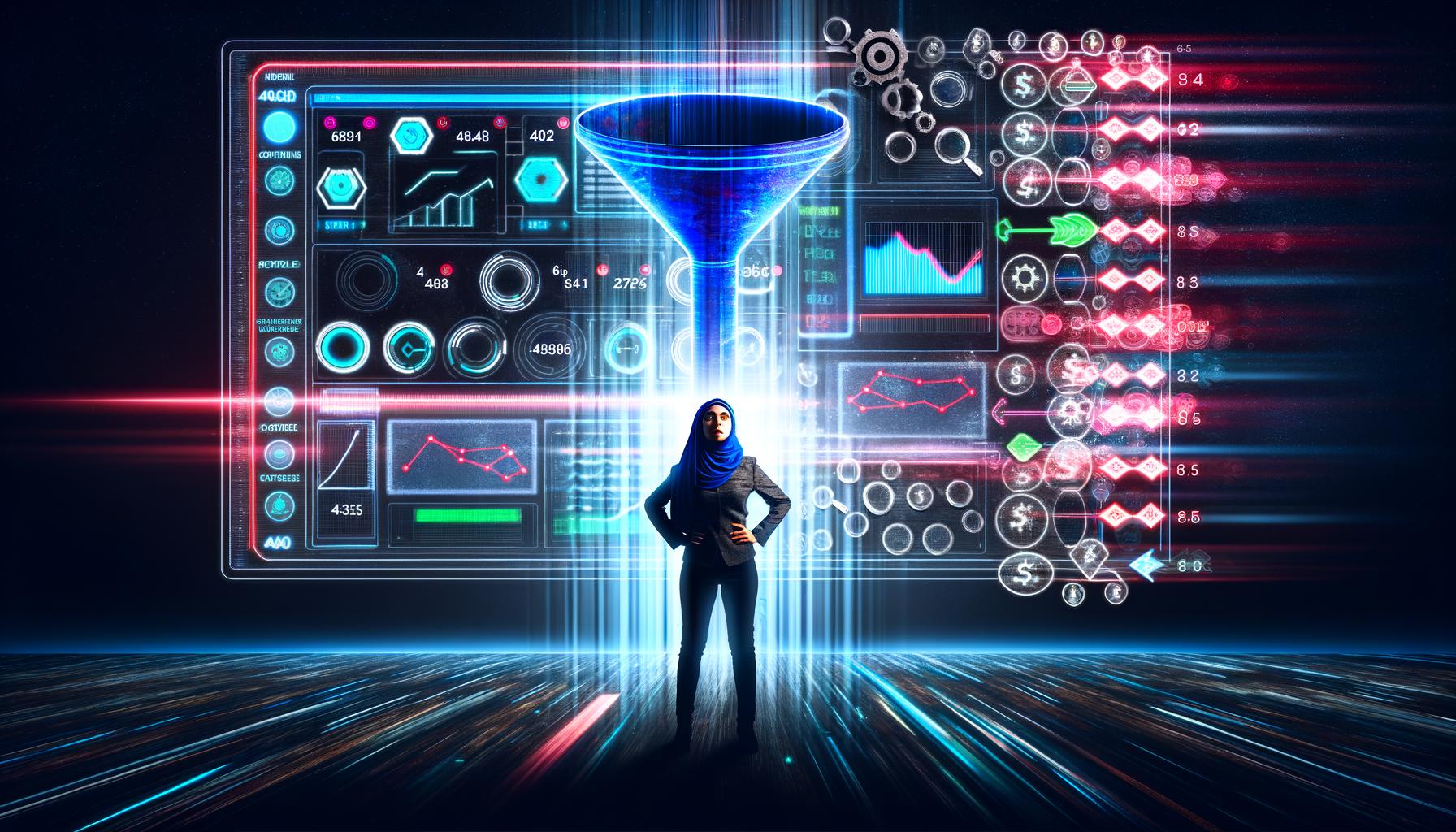 Marketer vor transparentem digitalen Bildschirm, umgeben von leuchtenden Dashboards und Datenvisualisierungen, alte Reports verblassen im Hintergrund