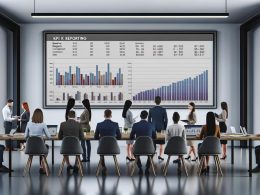 Fokussiertes Team analysiert KPIs auf einem zentralen Dashboard in modernem, aufgeräumtem Büro mit technologischer Atmosphäre