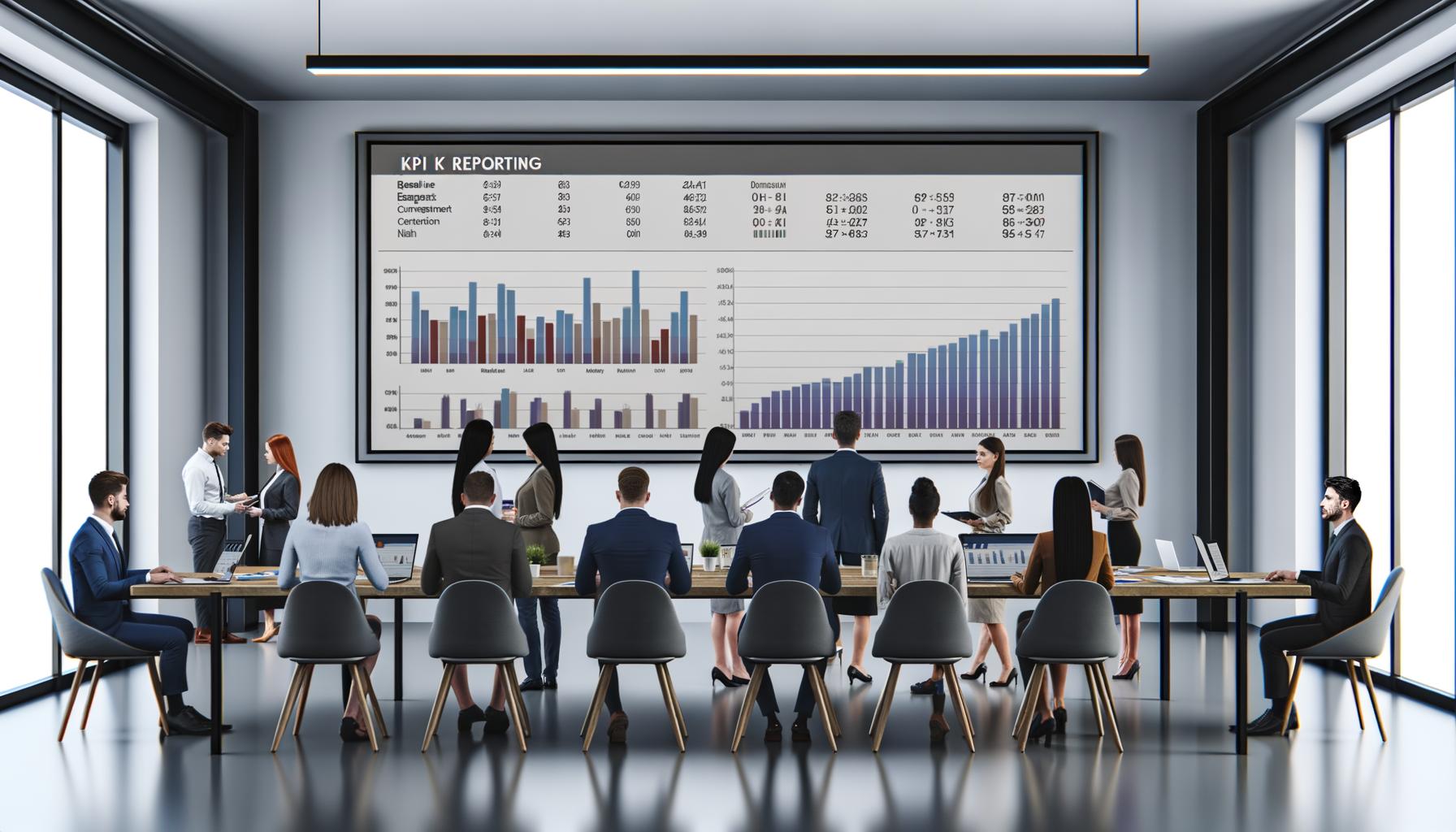 Fokussiertes Team analysiert KPIs auf einem zentralen Dashboard in modernem, aufgeräumtem Büro mit technologischer Atmosphäre
