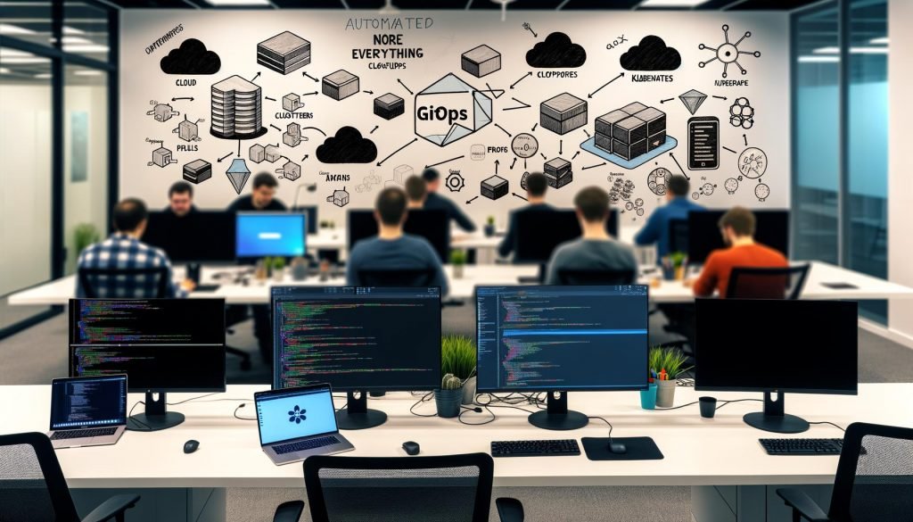 Modernes Büro mit Entwickler:innen vor Monitoren mit Git-Repositories, Kubernetes-Dashboard, Whiteboard mit GitOps-Workflow und Infrastruktur-Symbolen, im Hintergrund Technik-Poster.
