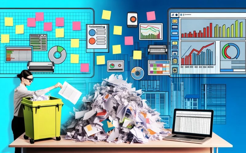 Moderne Büroszene: Links alter Papierstapel und Notizzettel, rechts große Monitore mit übersichtlichen digitalen Workflows, zentral eine Person am Schredder, die auf ein digitales Dashboard blickt.