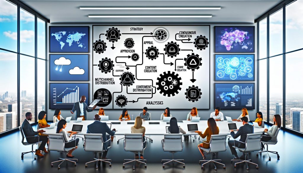 Modernes Büro mit digitalem Whiteboard, das einen visuellen Content Orchestration Workflow und kollaborierende Teammitglieder umgeben von Analyse- und Multichannel-Screens zeigt.