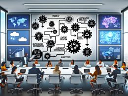 Modernes Büro mit digitalem Whiteboard, das einen visuellen Content Orchestration Workflow und kollaborierende Teammitglieder umgeben von Analyse- und Multichannel-Screens zeigt.