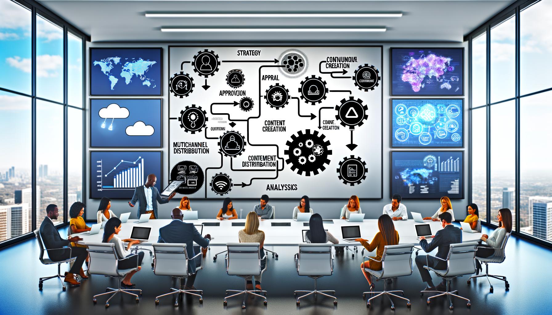 Modernes Büro mit digitalem Whiteboard, das einen visuellen Content Orchestration Workflow und kollaborierende Teammitglieder umgeben von Analyse- und Multichannel-Screens zeigt.