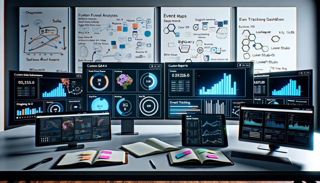 Moderner Arbeitsplatz mit mehreren Monitoren, darauf komplexe GA4-Reports, Funnel-Analysen, Segmentvergleiche, Event-Tracking-Visualisierungen sowie BigQuery-SQL-Abfragen, umgeben von Notizbüchern, Post-its und einem Tablet mit Looker Studio Dashboard.