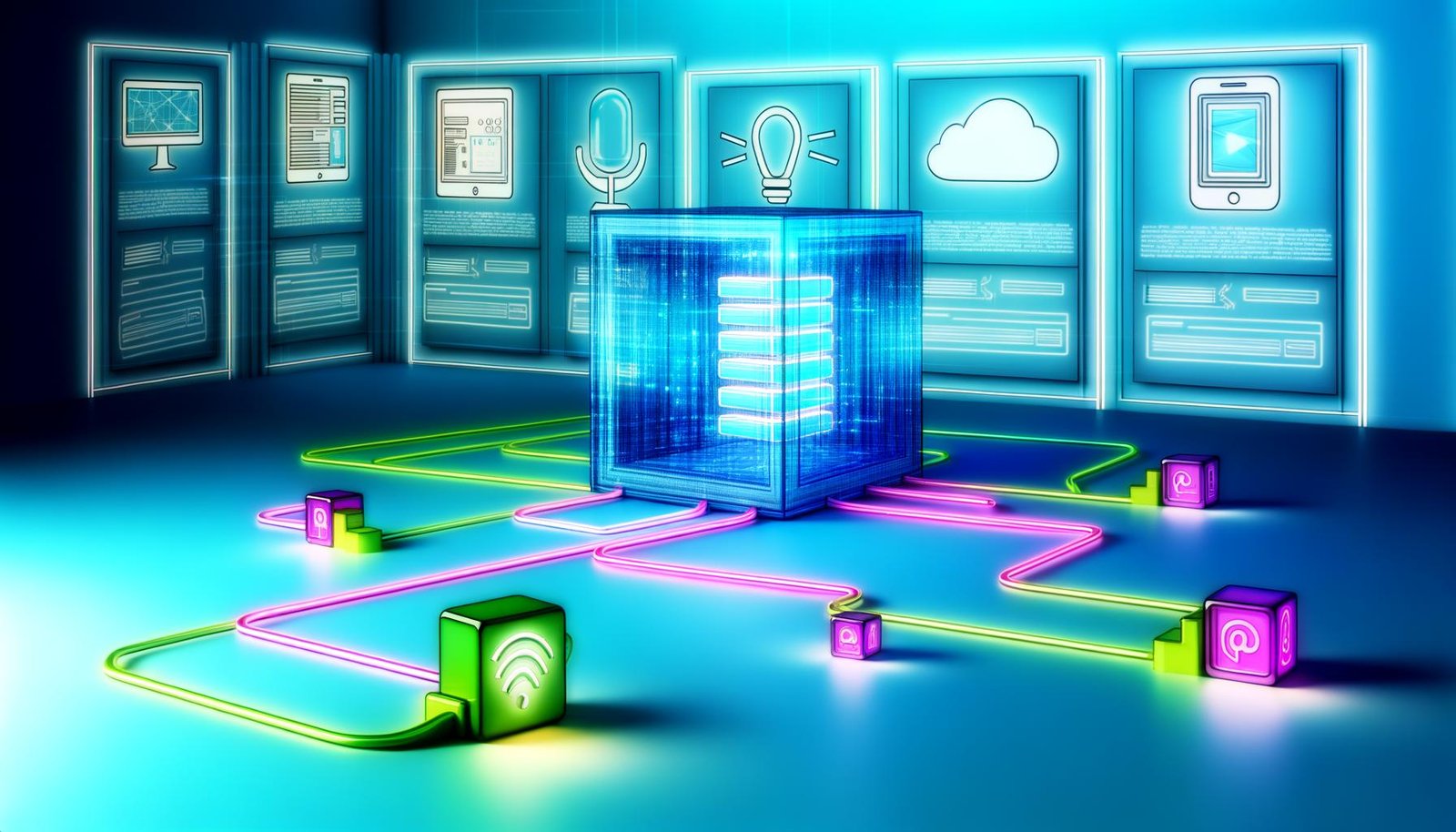 Illustration eines leuchtenden Serverraums mit abstrahiertem CMS-Backend, das über API-Leitungen verschiedene, voneinander unabhängige Frontends wie Website, App, Smartwatch und mehr verbindet, im Stil moderner Headless Architektur.