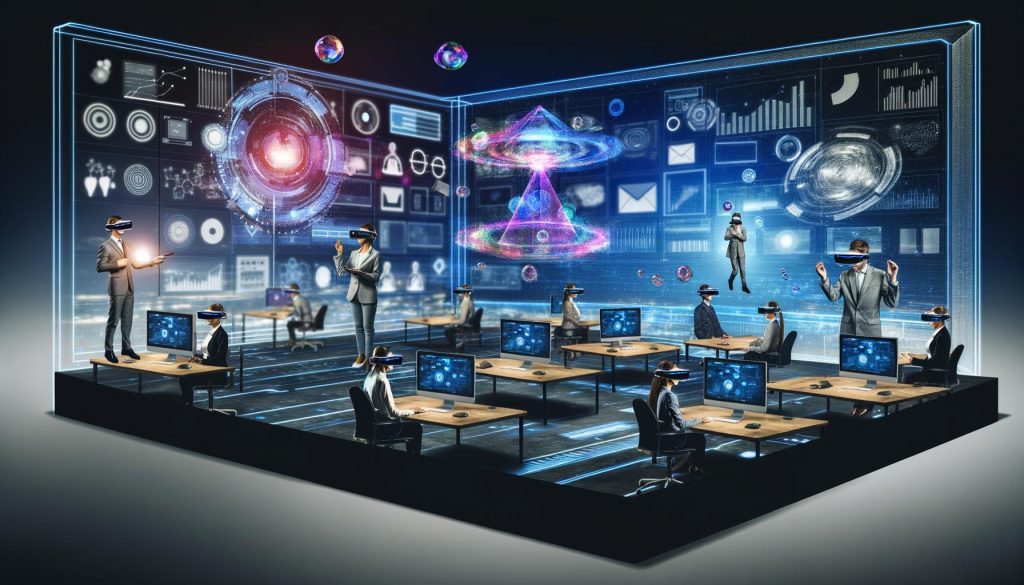 Marketer mit AR-Brillen und Head-Mounted Displays analysieren im futuristischen Kontrollraum holografische Daten und virtuelle Produkte zwischen echten Schreibtischen.