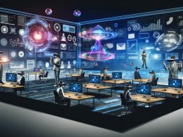 Marketer mit AR-Brillen und Head-Mounted Displays analysieren im futuristischen Kontrollraum holografische Daten und virtuelle Produkte zwischen echten Schreibtischen.