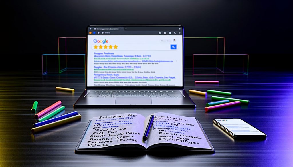 Moderner Laptop auf dunkler Oberfläche mit abstrahierter Google-Suchergebnisseite, leuchtenden Rich Results, Notizblock mit SEO-Begriffen und Google Search Console am Smartphone.