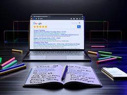 Moderner Laptop auf dunkler Oberfläche mit abstrahierter Google-Suchergebnisseite, leuchtenden Rich Results, Notizblock mit SEO-Begriffen und Google Search Console am Smartphone.