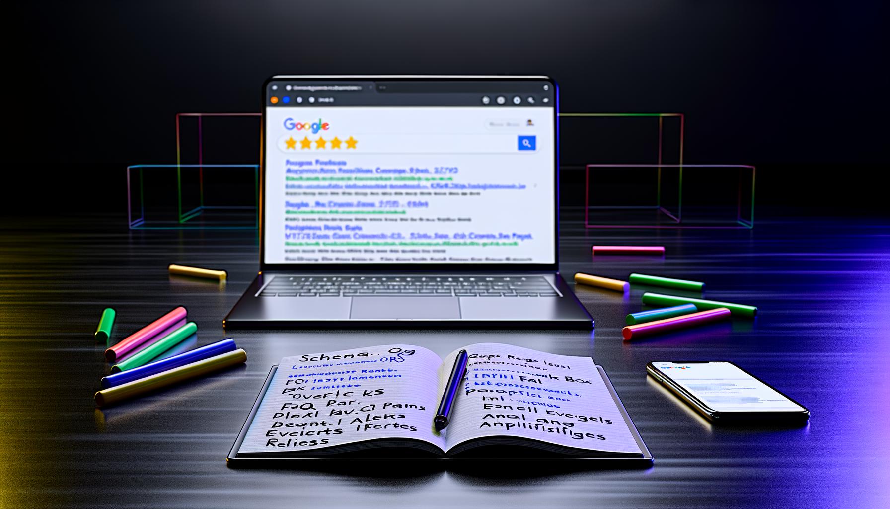 Moderner Laptop auf dunkler Oberfläche mit abstrahierter Google-Suchergebnisseite, leuchtenden Rich Results, Notizblock mit SEO-Begriffen und Google Search Console am Smartphone.
