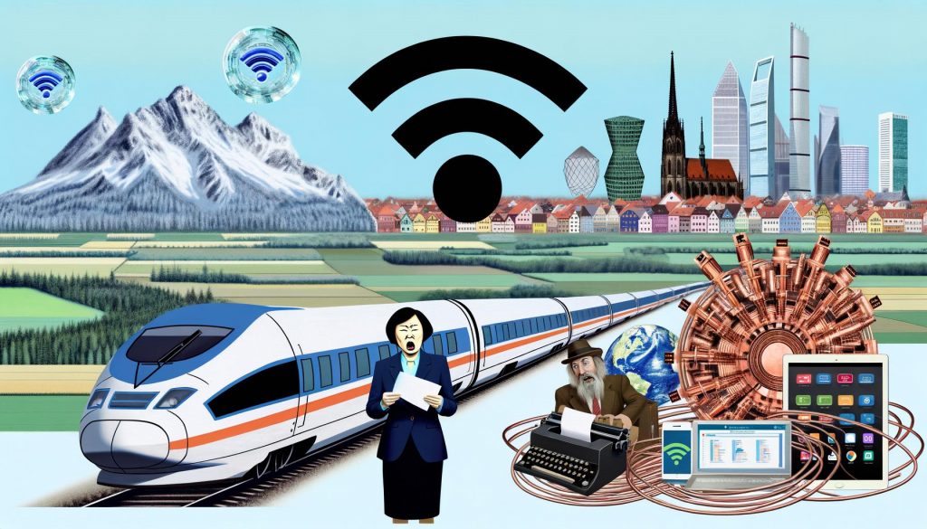 Illustration eines ICE-Zugs mit verlöschendem WLAN-Signal, alten Faxgeräten und Kabeln im Vordergrund sowie digitalen Metropolen im Hintergrund, die Deutschlands Rückstand bei der Digitalisierung verdeutlicht.