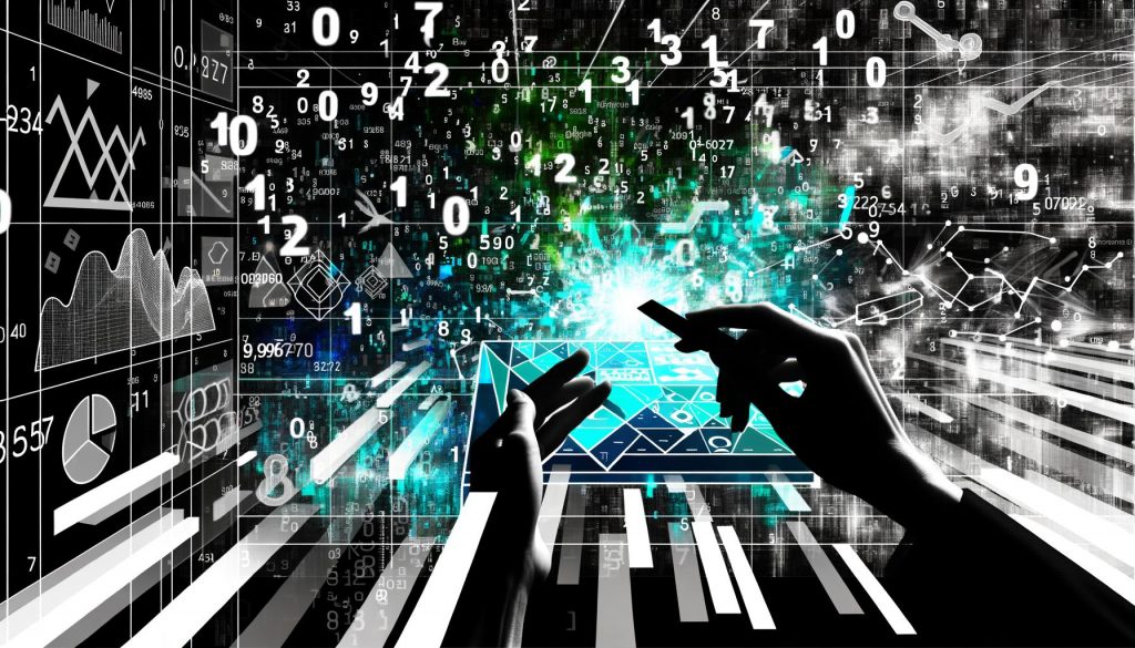 Modernes Magazin-Titelbild: Analytische Hände strukturieren Datenströme vor chaotischer Zahlen- und Diagrammlandschaft mit leuchtenden Türkistönen.