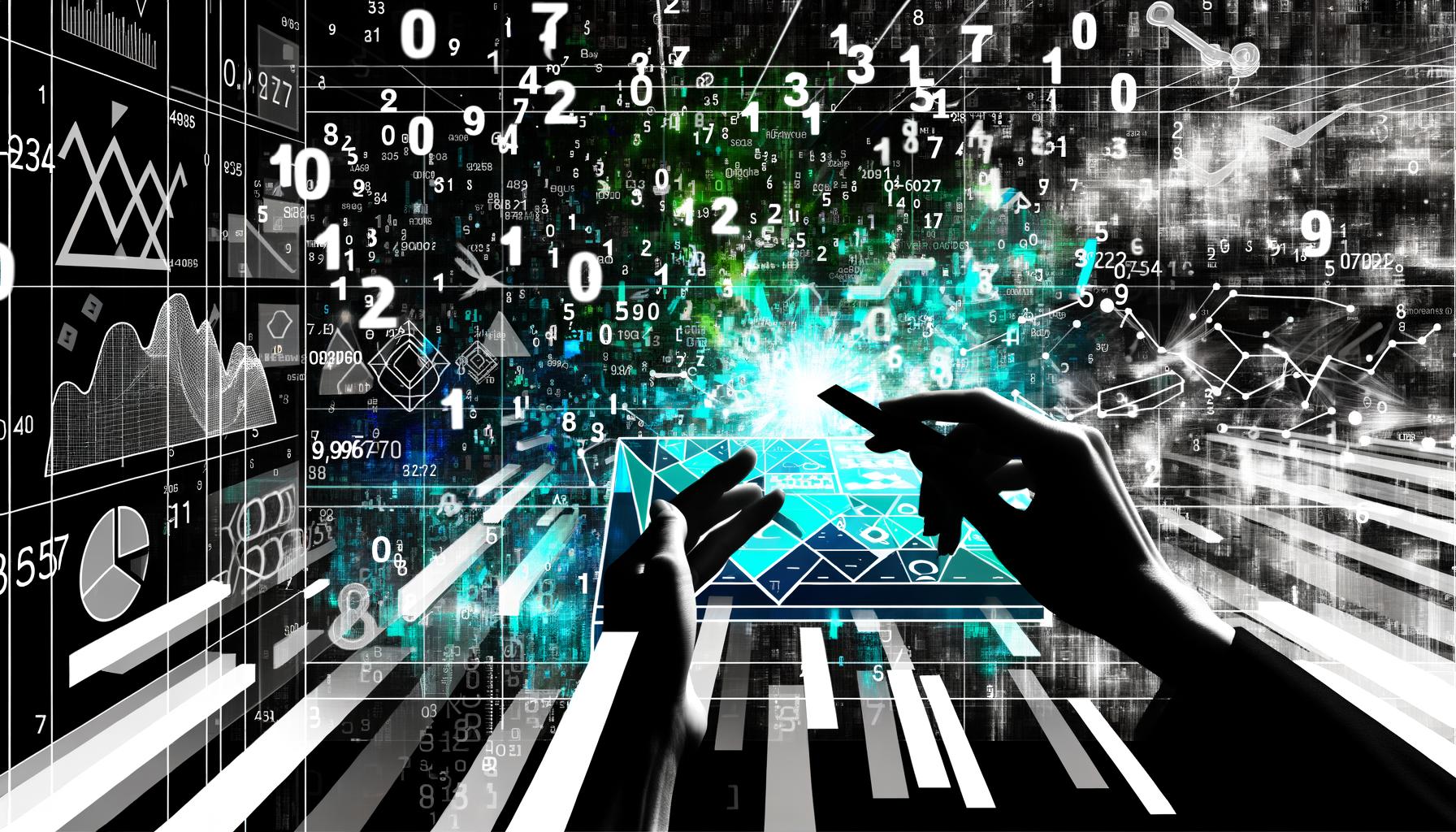 Modernes Magazin-Titelbild: Analytische Hände strukturieren Datenströme vor chaotischer Zahlen- und Diagrammlandschaft mit leuchtenden Türkistönen.
