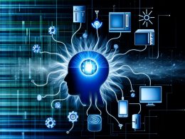 Technisch inspirierte Illustration eines blauen Kopfes, verbunden mit verschiedenen digitalen Geräten, Datenströmen und abstrakten Backend- sowie API-Symbolen im Hintergrund.