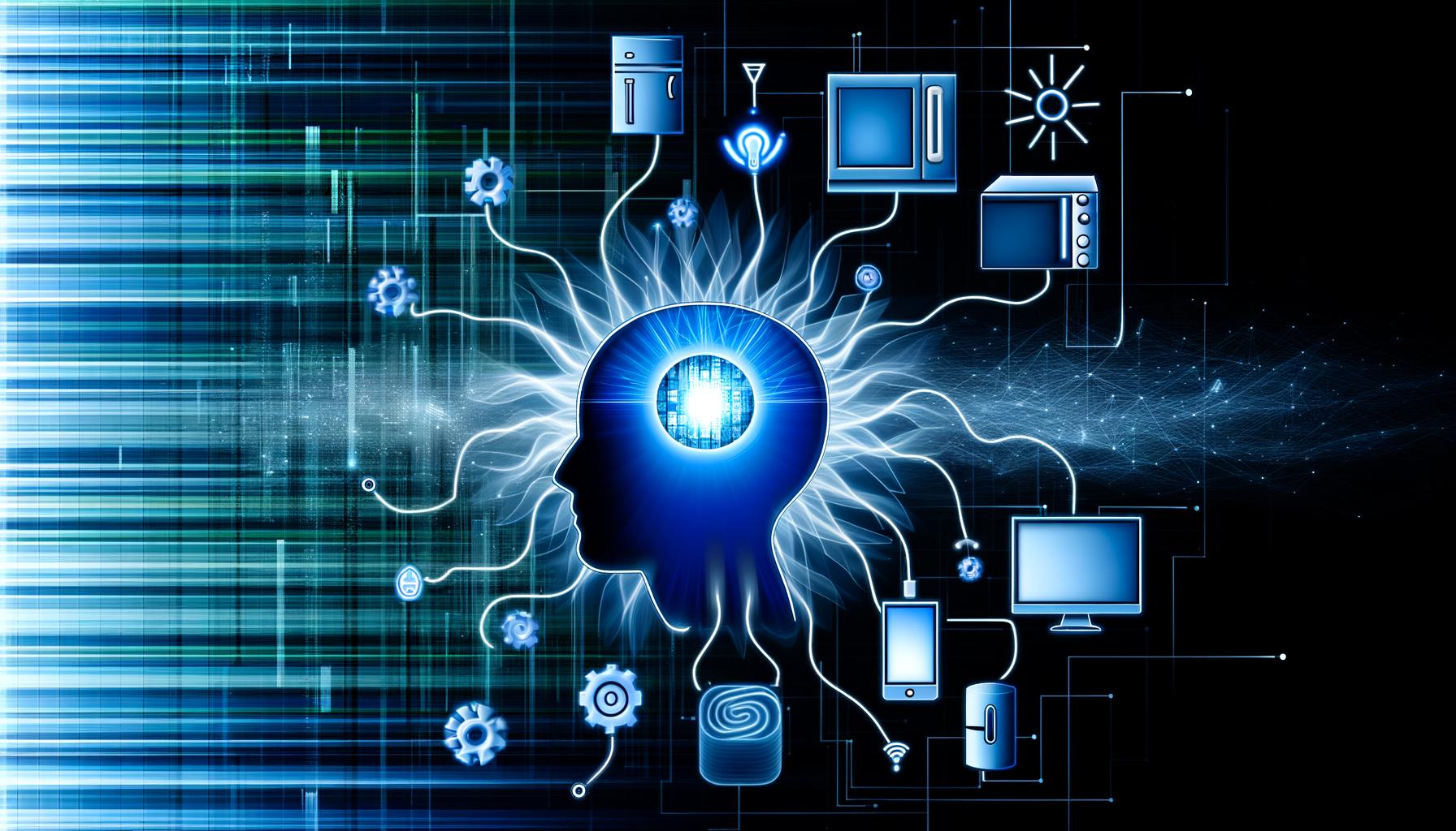 Technisch inspirierte Illustration eines blauen Kopfes, verbunden mit verschiedenen digitalen Geräten, Datenströmen und abstrakten Backend- sowie API-Symbolen im Hintergrund.
