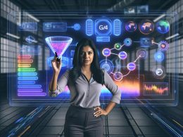 Marketing-Experte vor großem GA4-Dashboard mit farbenfrohen Diagrammen, Trichtern und Metriken für flexible Analysen.