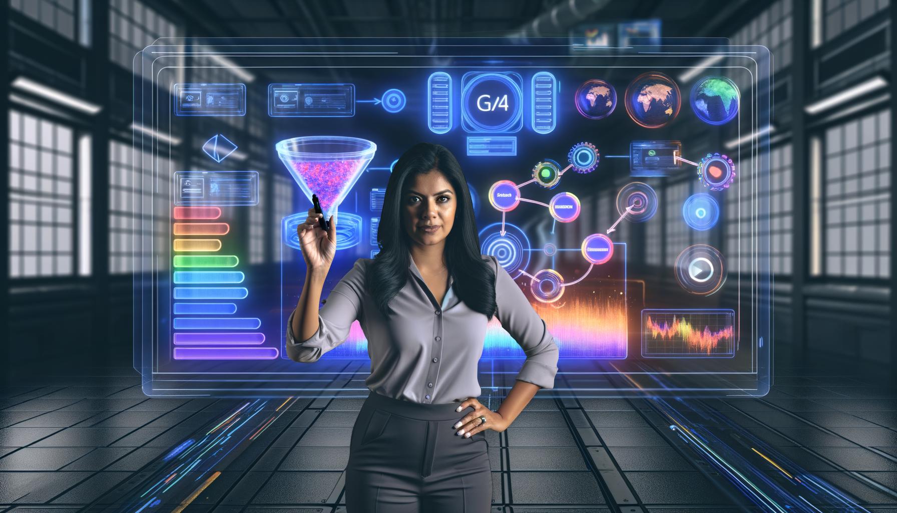 Marketing-Experte vor großem GA4-Dashboard mit farbenfrohen Diagrammen, Trichtern und Metriken für flexible Analysen.