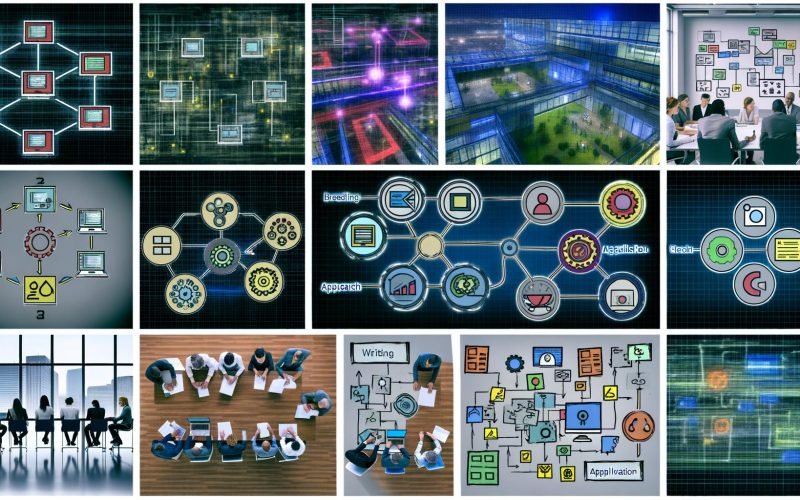 Collage aus modernen Illustrationen: Großraumbüro mit Flowcharts, grafische Workflow-Symbole, Team bei Prozessmodellierung an Diagrammwand, bekannte Tools wie Zapier und HubSpot, Sechsstufen-Content-Workflow im Marketing, Gegenüberstellung von Workflow-Chaos und Struktur, Hightech-Control-Room mit Dashboards, futuristischer KI-Workflow, Team auf Berggipfel mit digitalem Workflow-Pfad.