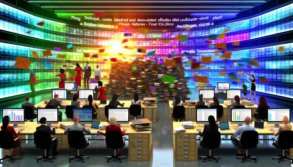 Moderner redaktioneller Arbeitsplatz mit Team, digitalem Dashboard, bunten Grafiken und ausrangierten Papierordnern im Hintergrund