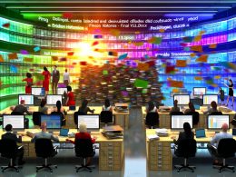 Moderner redaktioneller Arbeitsplatz mit Team, digitalem Dashboard, bunten Grafiken und ausrangierten Papierordnern im Hintergrund