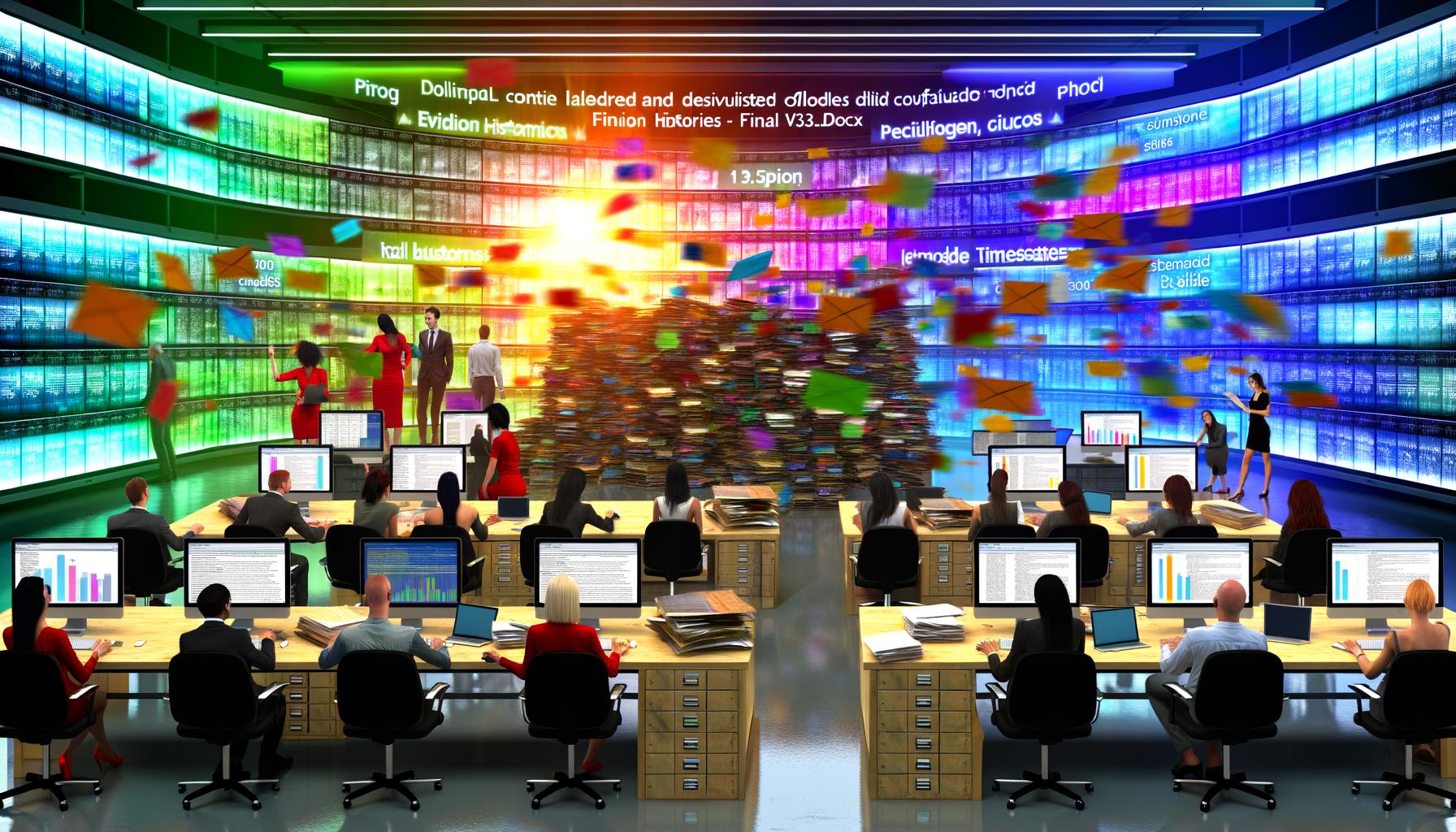 Moderner redaktioneller Arbeitsplatz mit Team, digitalem Dashboard, bunten Grafiken und ausrangierten Papierordnern im Hintergrund