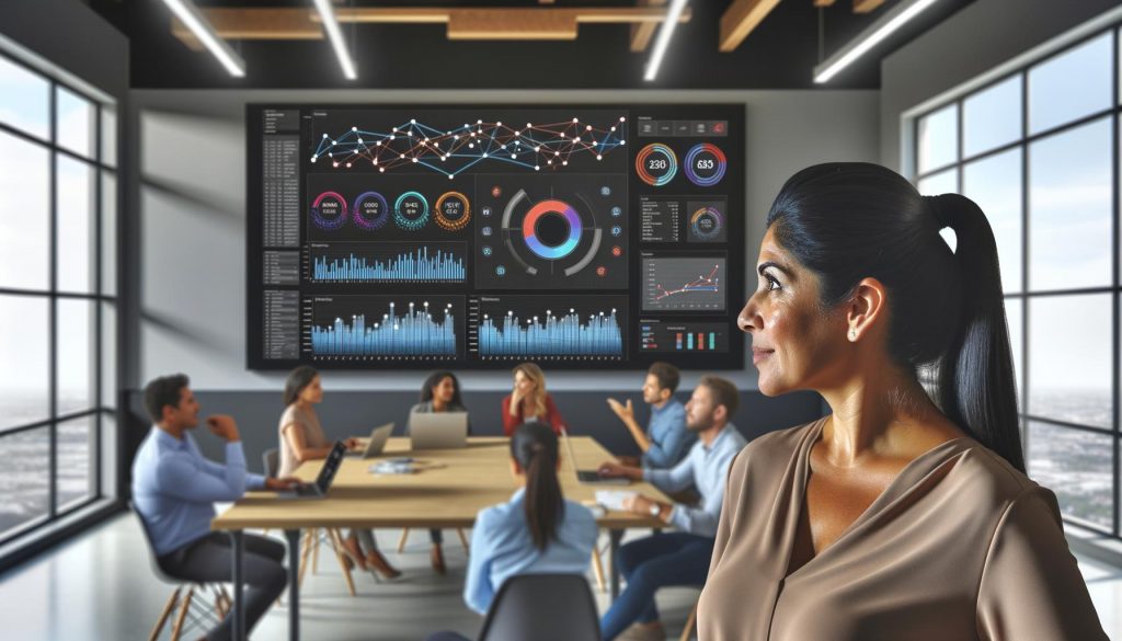 Datengetriebenes Team arbeitet in modernem Büro vor großem digitalen Dashboard mit Echtzeit-KPIs