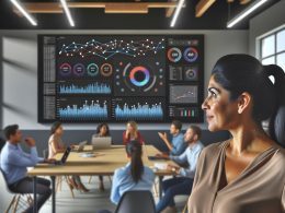 Datengetriebenes Team arbeitet in modernem Büro vor großem digitalen Dashboard mit Echtzeit-KPIs