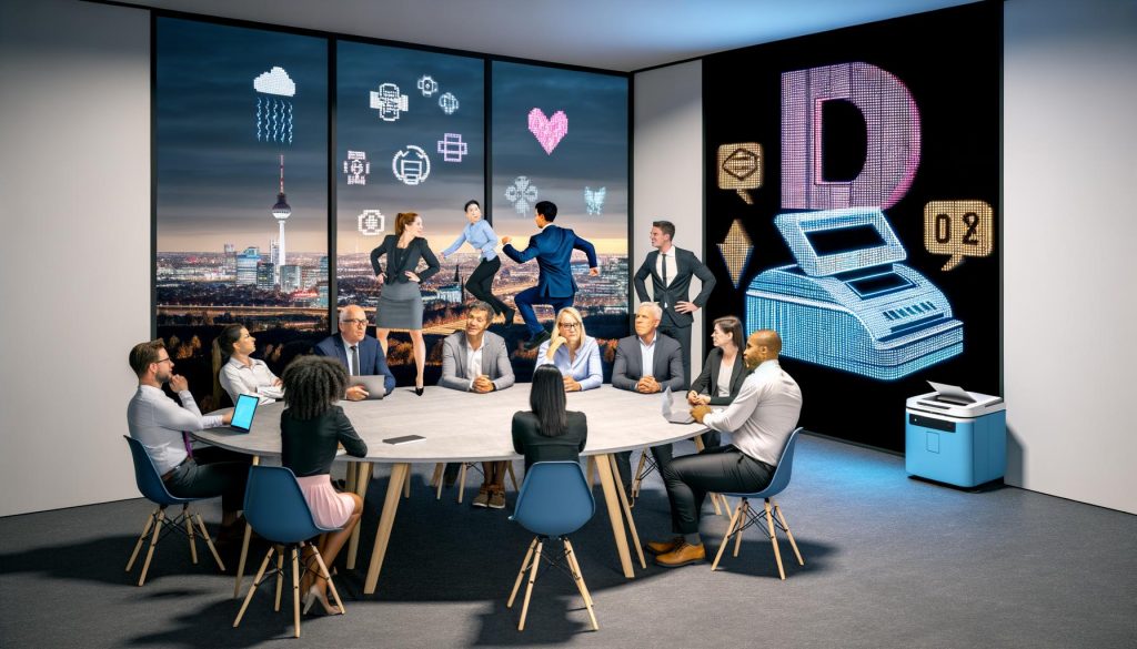 Gruppe in deutschem Konferenzraum zwischen konservativem Stillstand und digitalem Aufbruch zu KI, Cloud und Automatisierung, mit Fensterblick auf vernetzte Großstadt.