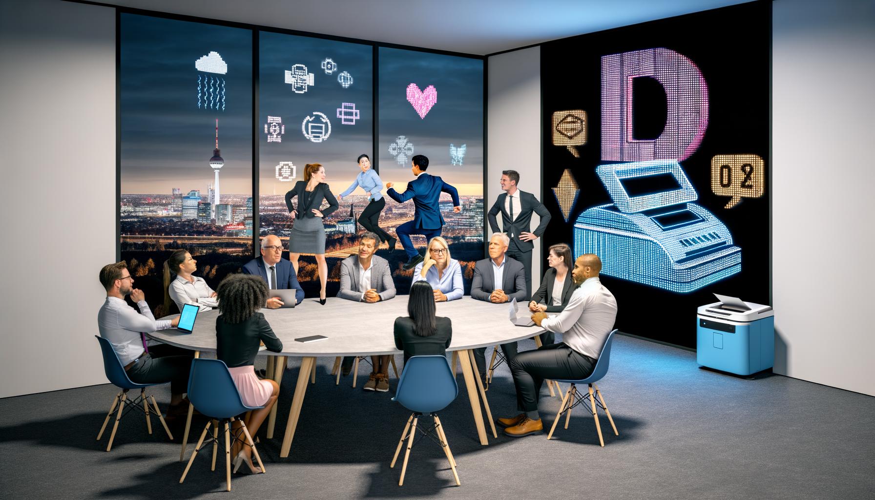 Gruppe in deutschem Konferenzraum zwischen konservativem Stillstand und digitalem Aufbruch zu KI, Cloud und Automatisierung, mit Fensterblick auf vernetzte Großstadt.