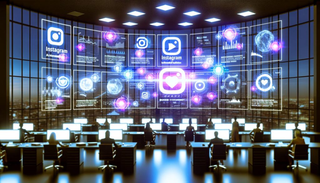 Hochmoderne Arbeitsumgebung mit Bildschirmen voller Instagram-Interfaces, Automatisierungsgrafiken und Marketingprofis im Austausch; veraltete Myspace-Tools liegen ungenutzt in der Ecke.