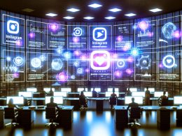 Hochmoderne Arbeitsumgebung mit Bildschirmen voller Instagram-Interfaces, Automatisierungsgrafiken und Marketingprofis im Austausch; veraltete Myspace-Tools liegen ungenutzt in der Ecke.