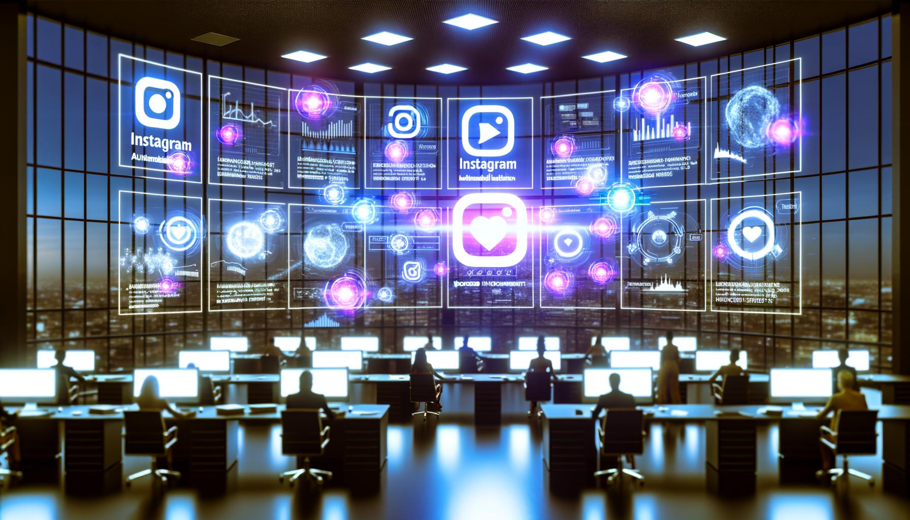 Hochmoderne Arbeitsumgebung mit Bildschirmen voller Instagram-Interfaces, Automatisierungsgrafiken und Marketingprofis im Austausch; veraltete Myspace-Tools liegen ungenutzt in der Ecke.