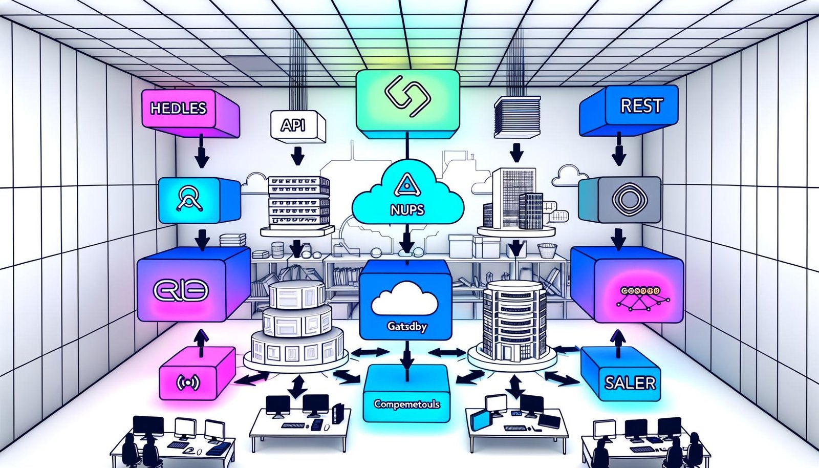 Abstrakte Infografik zu Headless CMS-Stacks: Logos von Headless CMS, API-Hub, Frontend-Frameworks, E-Commerce-Services und Cloud-Anbietern, visualisiert durch bunte Blöcke, Pfeile für Datenflüsse, modernes Entwicklerbüro im Hintergrund.