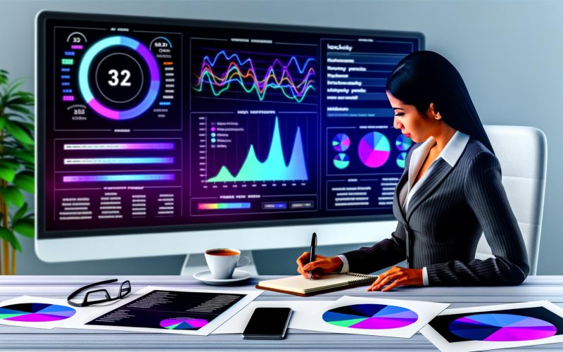 Fokus auf Geschäftsperson vor modernem großen SEO-Dashboard, farbenfrohe Daten-Grafen, Rankingergebnisse und analoge Reports mit Tortendiagrammen in einem hellen, professionellen Bürosetting.