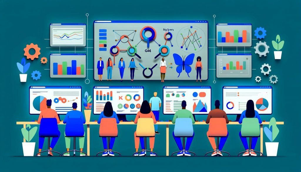 Modernes Marketing-Team vor großen Monitoren mit individuellen Dashboards, komplexen Diagrammen, KPI-Metriken und Nutzersegmentierungen. Im Hintergrund integrierte BigQuery-, Looker Studio- und Google Analytics 4-Icons, blaue und grüne Farbtöne.